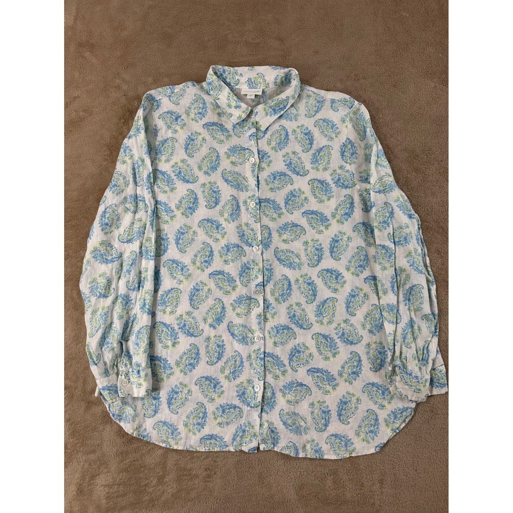 J. Jill Love Linen Shirt Womens L‎ Blue Lime Paisley Button Down Long Sleeve EUC